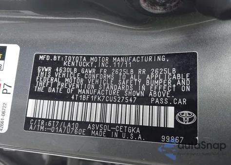 2012 Toyota Camry Se/Le/Xle from USA, damaged, VIN 4T1BF1FK7CU527547